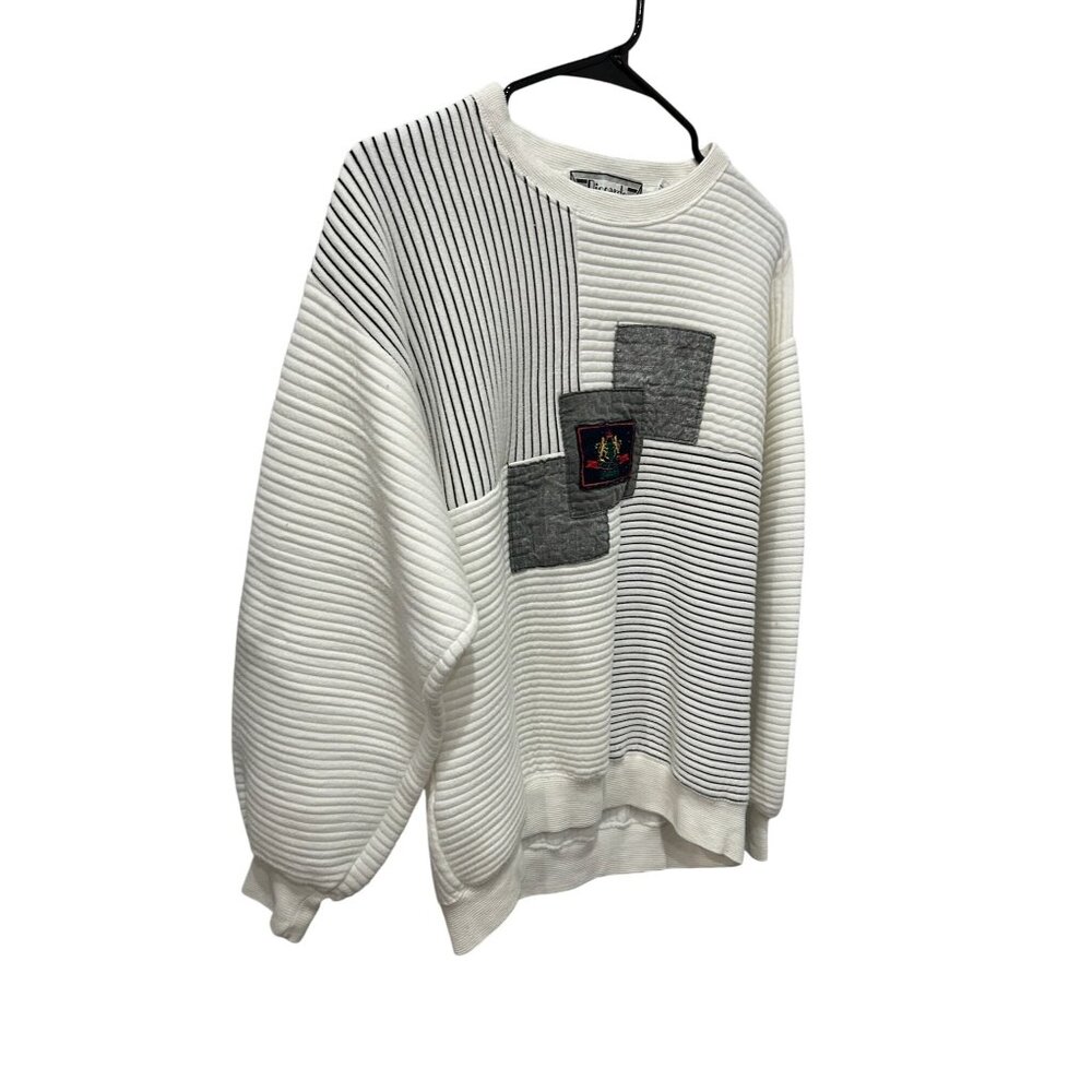 Vintage Riccardo Patchwork Ribbed Crewneck Sweater White Gray Color Block Sz Lar - Picture 3 of 9